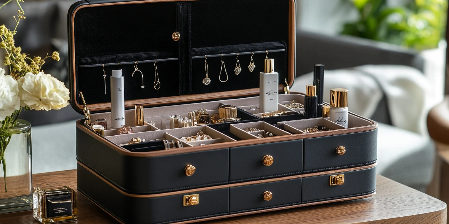Black large jewellery storage with jewelry box drawers.